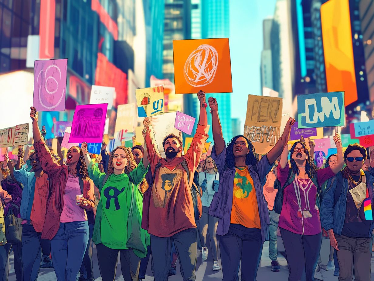 An illustration showcasing the role of trademarks in social movements, emphasizing activism and identity